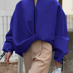 Loose Puff Sleeves Asymmetric Split-Joint Zipper Stand Collar Outerwear