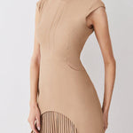 Military Style Cap Sleeve High Neck Patchwork Pleated Hem Mini Dress