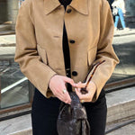 Lapel Button Up Pocketed Faux Suede Crop Jacket