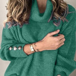 High-neck button-decorated loose knit sweater