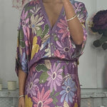 Satin Floral Print V-neck Half-sleeve Loose Top and Elegant Maxi Skirt Set