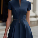 Zip-Front Short Sleeve Fit & Flare Midi Dress