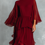 Women's Burgundy Chiffon Fabric Bell-Sleeve Maxi Dress With Layered Ruffled Skirt