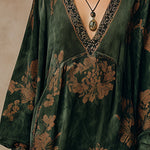 Retro Silhouette Printed Green Faux Suede Tassel Maxi Dress