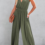 Jungle Green Deep V Pocketed Pleated Wide Leg Jumpsuit