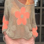 Floral Knitted Hollow V-neck Shirt Floral Mesh Sweater