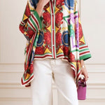 Batwing Sleeves High-low Buttoned Flower Print Stand Collar Blouses&shirts Tops