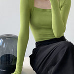 Long Sleeves Skinny Solid Color Square-Neck T-Shirts Tops