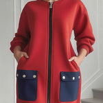 Long Sleeves Loose Contrast Color Pockets Split-Joint Zipper Round-Neck Midi Dresses