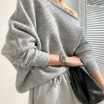 Casual Loose Long Sleeves Solid Color Off-The-Shoulder Sweater Tops