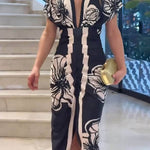 Unique Bella Contrast Color Unique Print Dolman Sleeve Ruched Slit Midi Dress