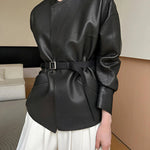Long Sleeves Loose Belted Solid Color Stand Collar Jackets Outerwear