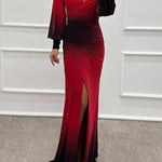 Julieta Gradient Print Boat Neck Off Shoulder Gem Detail Slit Gown Maxi Dress