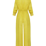 High Waisted Long Sleeves Buttoned Pockets Solid Color V-Neck Jumpsuits