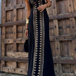 Meret Gold Geometric Print Halter Backless Stretch Maxi Dress
