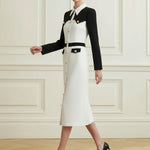 Long Sleeves Buttoned Contrast Color Split-Joint Lapel Midi Dresses