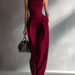 Women's Sleek Cotton-Linen Blend Burgundy Sleeveless Turtleneck Wide-Leg Jumpsuit