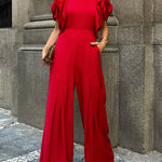 Loose Short Sleeves Falbala Solid Color Round-Neck Jumpsuits