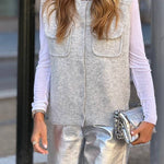 Light grey knitted cardigan vest with pockets
