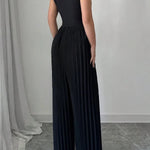 High Waisted Loose Contrast Color Pleated V-Neck Jumpsuits