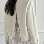 Caitlin Knit Lace Trim Patchwork Long Sleeve Back Slit Relaxed Sweater