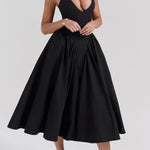 Solid Halter Deep V Neck A-Line Midi Dresses