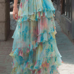 Strapless Watercolor Print Tiered Maxi Dress