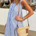 Blue Striped Fly Sleeve Square Neck Loose Resort Dress