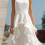 White Halter Layered Ruffle Maxi Dress