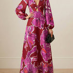 Elasticated Waist Long Sleeves Contrast Color Flower Print Hollow Split-Joint Twist Deep V-Neck Maxi Dresses