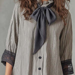 Elegant Casual Striped Cotton Shirt Dress With Bow Tie Detail.