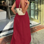 A-Line Loose Pleated Pockets Split-Joint Zipper Round-Neck Maxi Dresses