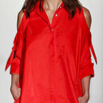 Loose Solid Color Split-Joint Cold Shoulder Mini Dresses Shirt Dress