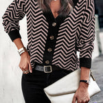 Long Sleeve V Neck Open Front Striped Knit Cardigan Sweaters
