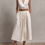 Women's Elegant Beige Cotton-linen Blend V-neck Sleeveless Top And Skirt Set
