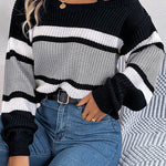 Striped Contrasting Metal Buckle Loose Long-sleeved Knitted Sweater