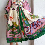 Retro French court style pleated maxi print dress