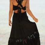 Summer City Hollow Lace Crop Tank and Elastic Waist Pocketed A-line Maxi Skirt Set