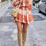 Palace Print Button Smocked Sleeve Belt Mini Dress