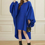 Batwing Sleeves High-Low Pleated Solid Color Split-Joint Round-Neck Midi Dresses