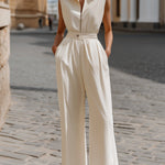 Sleeveless Collared Zipper Front Wide-Leg Tailored Jumpsuit