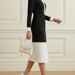 High Waisted Long Sleeves Buttoned Contrast Color Split-Front Split-Joint Lapel Midi Dresses