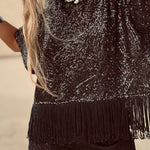 Full of Surprises Sequin Short Sleeve Tassle Trim Loose Top