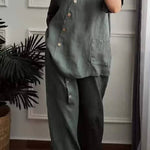 Solid Color Cotton And Linen Cropped Top & Wide Leg Pants Two-Piece Set