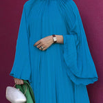Flared Sleeves Loose Pleated Ruffled Solid Color Split-Joint High Neck Maxi Dresses