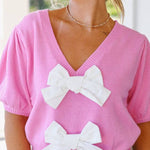 V-Neck Short-Sleeved Double Bow Solid Color Sweater