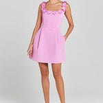 Cindy Faux Pearl Flower Applique Square Neck Pocketed Mini Dress