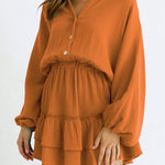 Button Long Sleeve Loose Shirt Dress Elastic Waist Ruffle Skirt