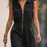 Loose Sleeveless Pockets Solid Color Zipper Lapel Jumpsuits