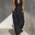 Women's Black Linen Fabric Sleeveless Maxi Dress With Front Zipper & Wide-Leg Pants